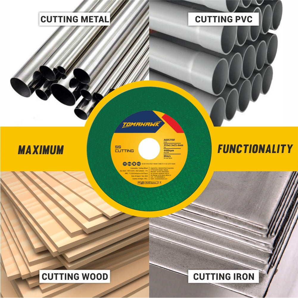 TOMAHAWK 14" Cutting Wheel for Metal and Stainless Steel, Pack of 10 pcs. The best all-round cutting wheels engineered for general use on metal.  Contains a single sheet of fiberglass net to expedite cutting. HIgh aluminium-oxide grain concentration ensures smooth and burr-free cutting. Special bond ensures durablity and long life. Compatible with 14 inch chop saws. Dimensions: 350x2.8x25.4mm Max. RPM: 4,400