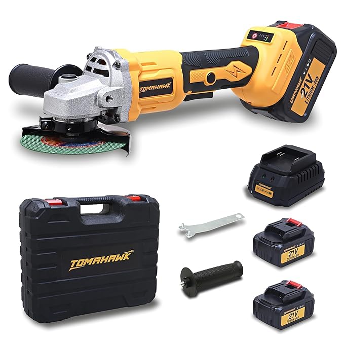 Tomahawk Cordless Angle Grinder - 21V, 110mm Wheel Diameter, Adjustable Speed Control, Includes 2 Batteries - T 32052