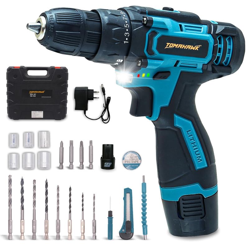 Tomahawk Cordless Screwdriver and Drill Machine - 12V, 1350RPM, Reversible Switch, Multi-Torque Clutch, 10mm Keyless Chuck, 2x1.5Ah Battery - T-8702