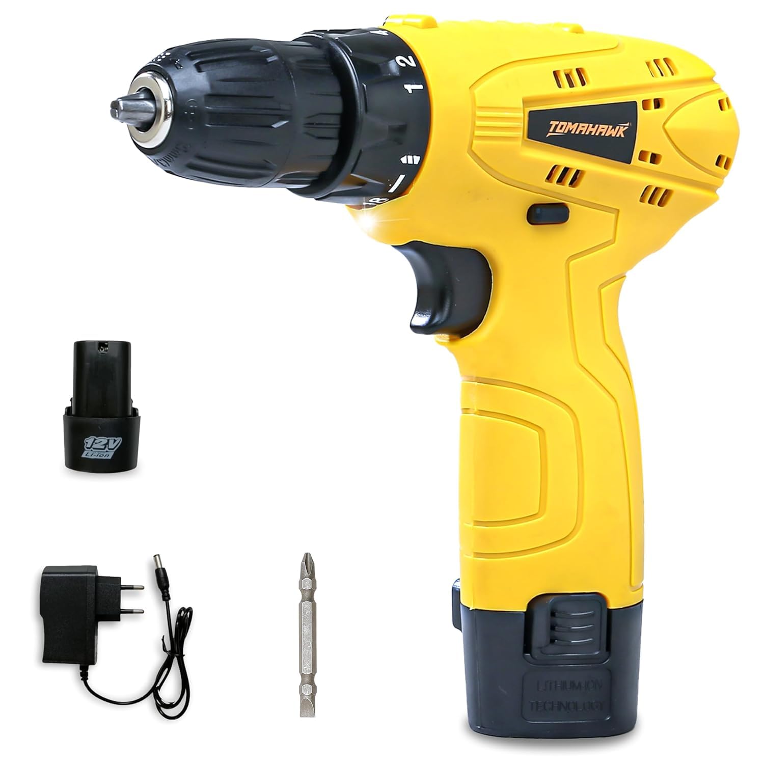 Tomahawk Cordless Drill/Screwdriver - 12V 2x1.5Ah Batteries 10mm Keyless Chuck 600 RPM 24Nm Torque - DMD-2100