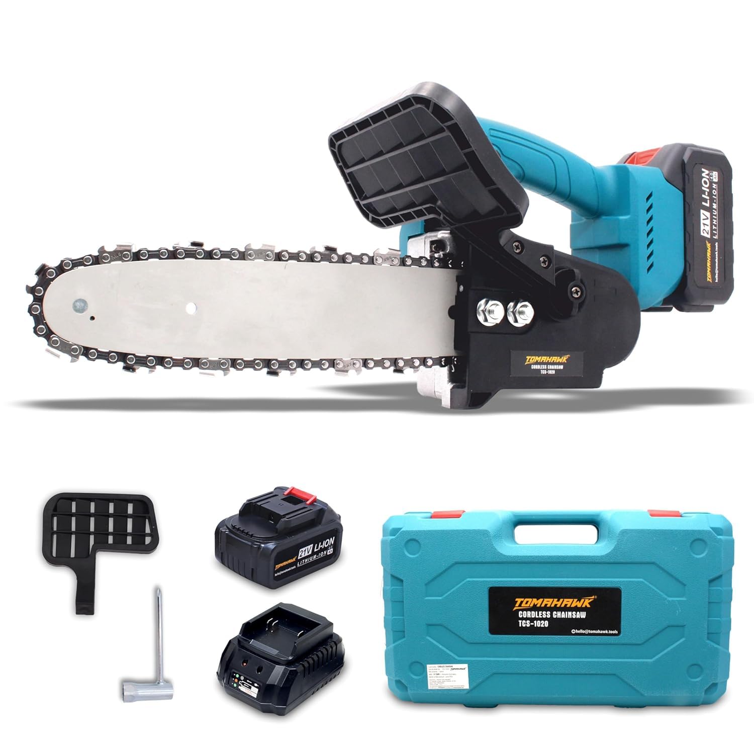 Tomahawk Cordless Chainsaw - 10 Inch Guide, Brushless Motor, 21 Volt, 4.0 Ah x 2 Batteries - TCS-1020