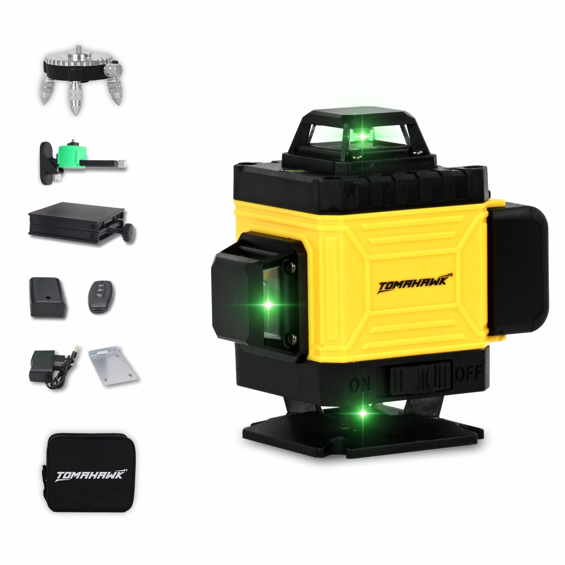 Tomahawk Green Laser Level - 4x360° 4D Green Cross Self-Levelling, 16 Lines, Yellow Edition - LEV-1616-16
