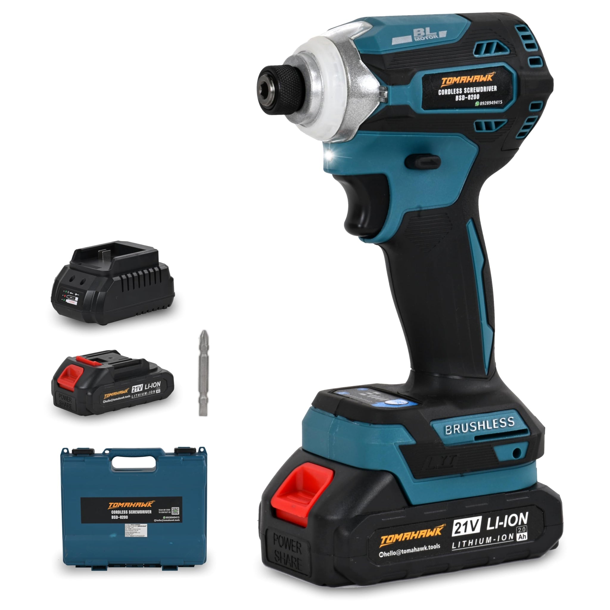 Tomahawk Brushless Cordless Screwdriver/Impact Driver - 2 Battery, 20V, 2.0Ah, 2 Speed Mode, 10Mm Chuck Capacity - BSD-8200