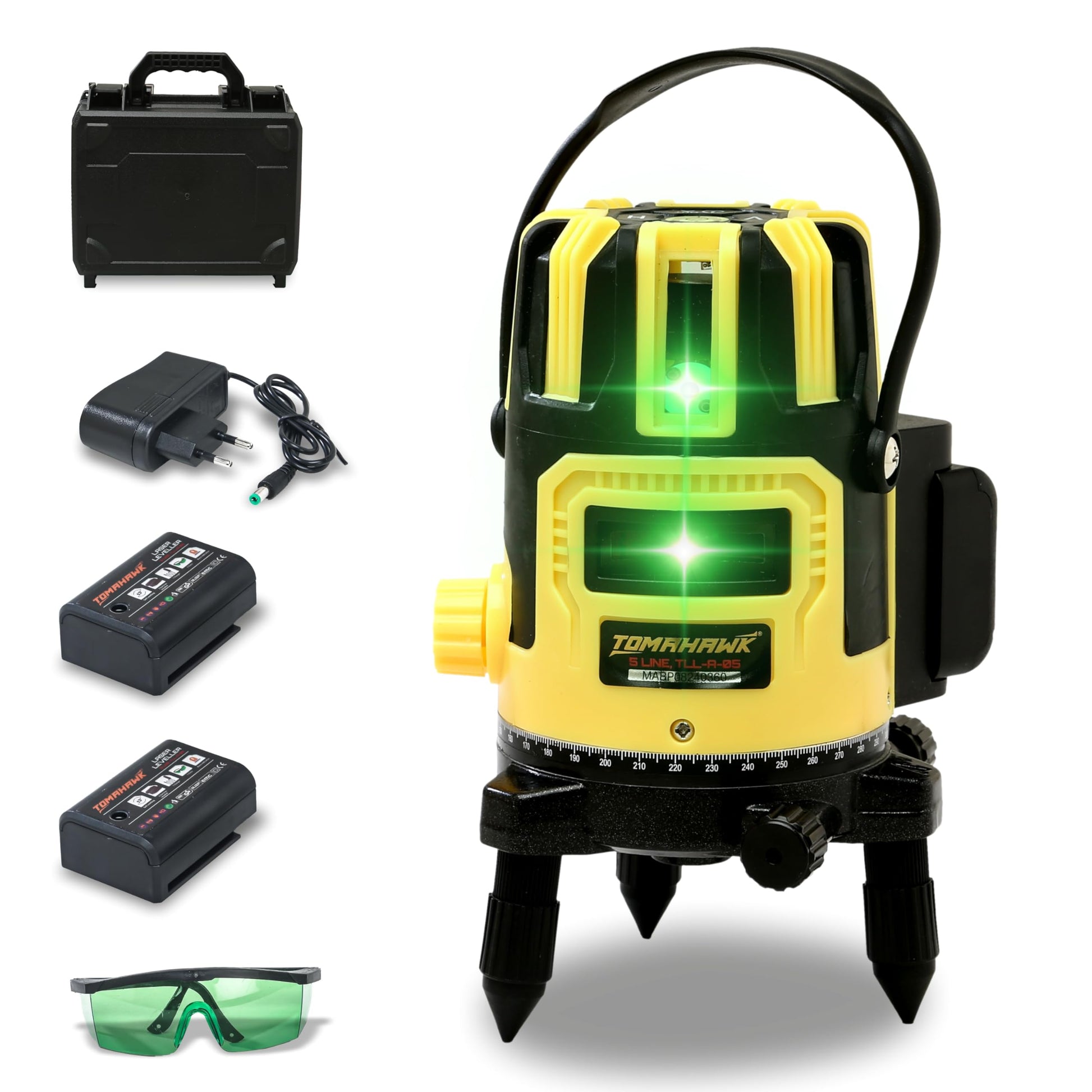 Tomahawk 3D Line Laser Cross - 5-Line Self Leveling, Horizontal and Vertical Green Laser - Plastic Professional