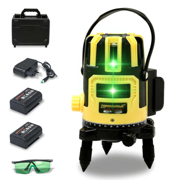 Tomahawk 3D Line Laser Cross - 5-Line Self Leveling, Horizontal and Vertical Green Laser - Plastic Professional
