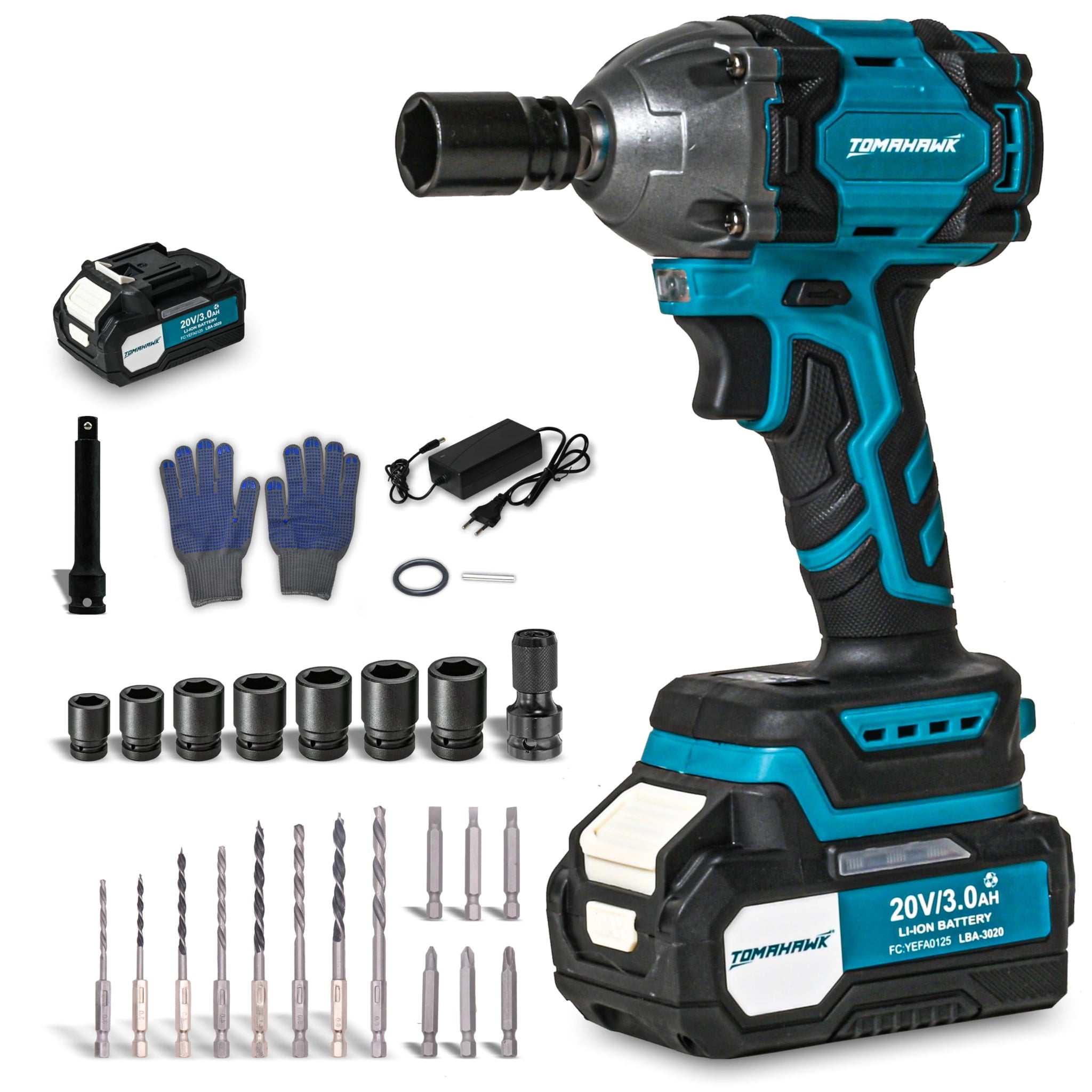 Tomahawk Impact Wrench Set - 3000RPM No Load Speed, 300Nm Max Torque, 20V, 3.0Ah Battery, Adjustable Speed - TSW-5300