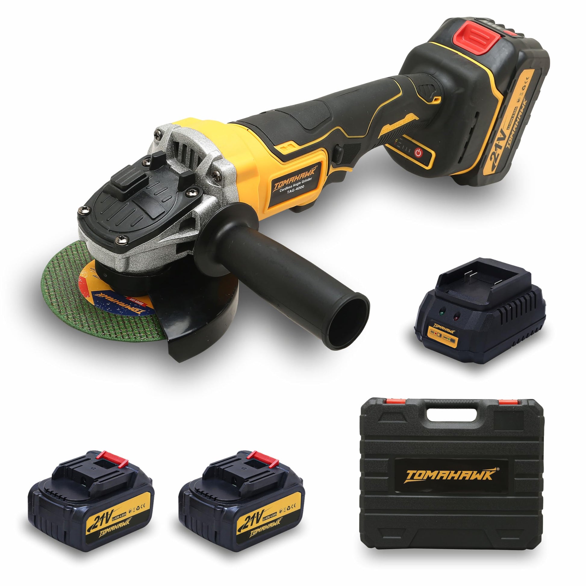 Tomahawk Brushless Cordless Angle Grinder - 21V, 8500RPM, 115mm, 4.0Ah Li-ion, Variable Speed - TAG-4000