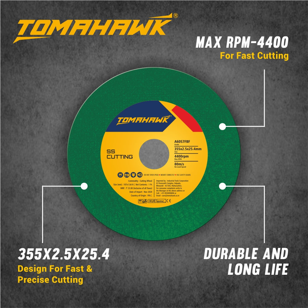 TOMAHAWK 14" Cutting Wheel for Metal and Stainless Steel, Pack of 10 pcs. The best all-round cutting wheels engineered for general use on metal.  Contains a single sheet of fiberglass net to expedite cutting. HIgh aluminium-oxide grain concentration ensures smooth and burr-free cutting. Special bond ensures durablity and long life. Compatible with 14 inch chop saws. Dimensions: 350x2.8x25.4mm Max. RPM: 4,400
